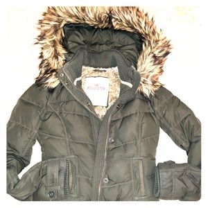 Hollister faux fur lined army green coat.